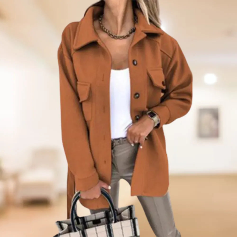 Street-wave Women Polo Button Coat Belted Cozy Autumn Winter Jacket For Everyday Wear