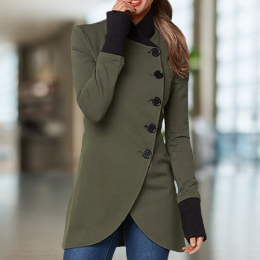 Street-wave Wool Blend Coat For Women With High Collar Asymmetric Cut Button Details Elegant Fit