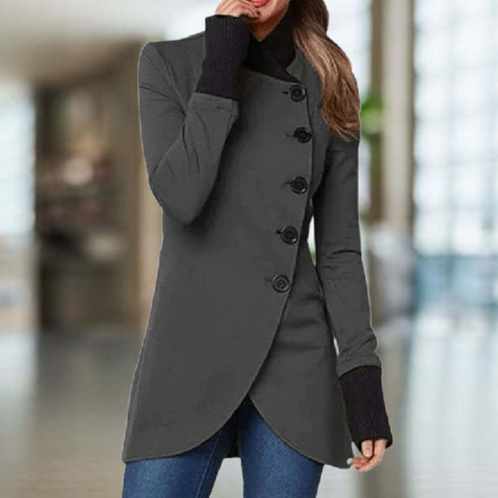 Street-wave Wool Blend Coat For Women With High Collar Asymmetric Cut Button Details Elegant Fit
