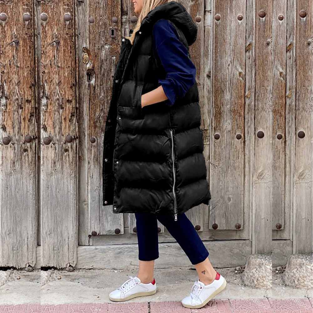Street Wave Sleeveless Puffer Jacket With Hood For Cold Weather Ultra Warm Cozy Streetwear
