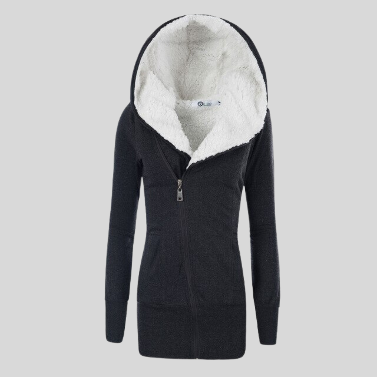 Street-wave Hooded Cardigan for Women Mid-Length Warm Eco-Friendly Cotton with Sherpa Lining
