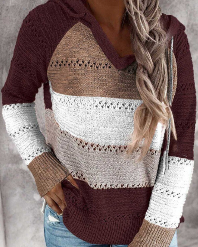 Striped Knit Hoodie Street Wave For Women Breathable Eyelet Pattern