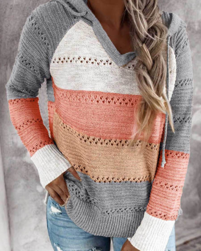 Striped Knit Hoodie Street Wave For Women Breathable Eyelet Pattern