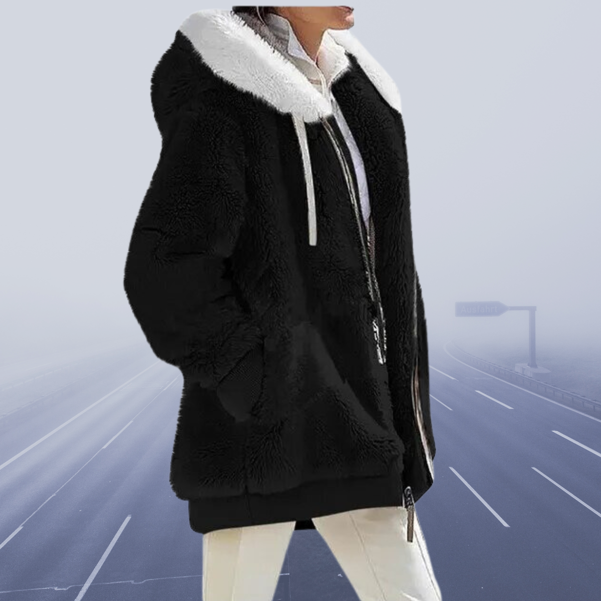 Street-wave Womens Faux Shearling Jacket With White Collar Luxurious Cozy Winter Outerwear