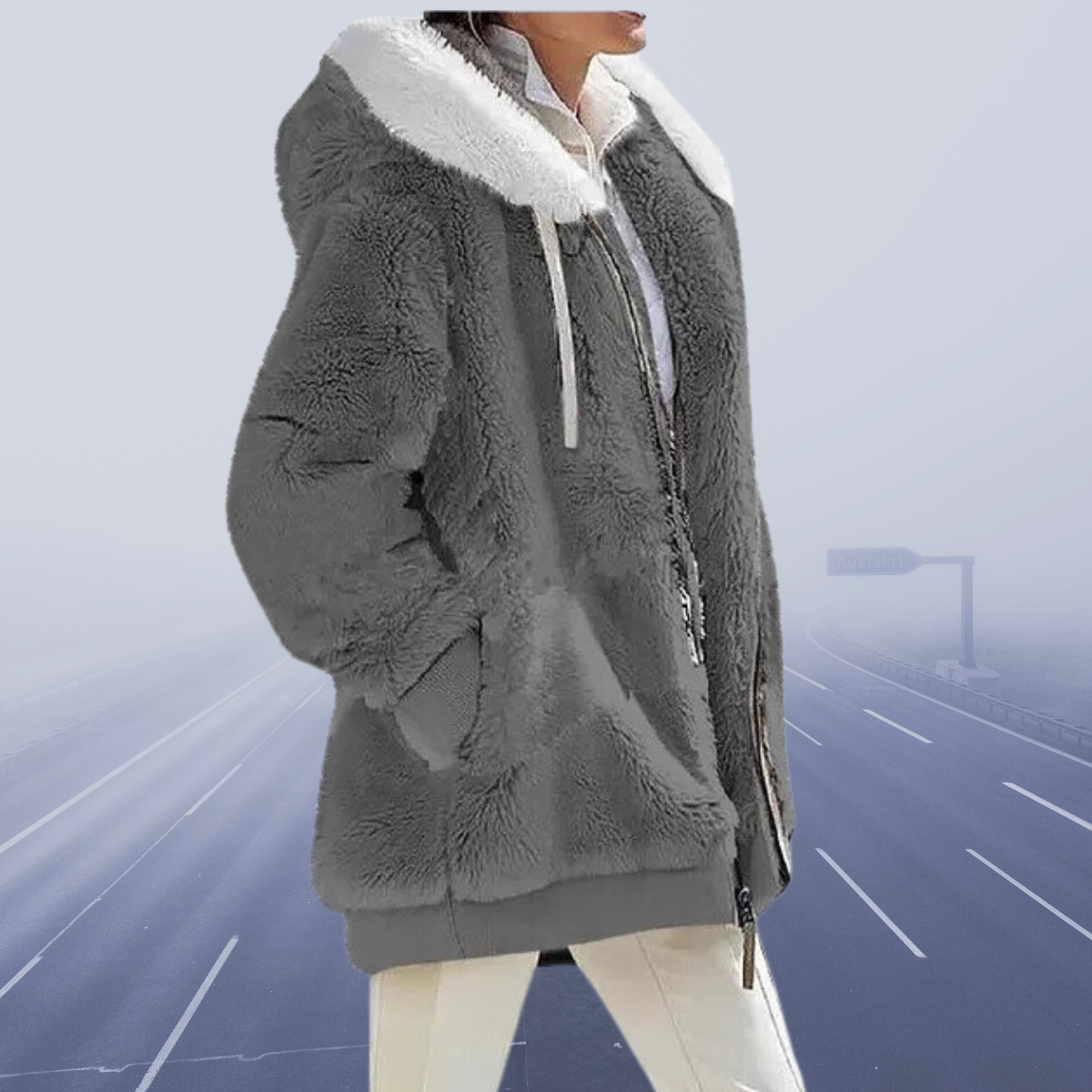 Street-wave Womens Faux Shearling Jacket With White Collar Luxurious Cozy Winter Outerwear
