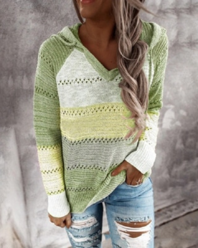Striped Knit Hoodie Street Wave For Women Breathable Eyelet Pattern