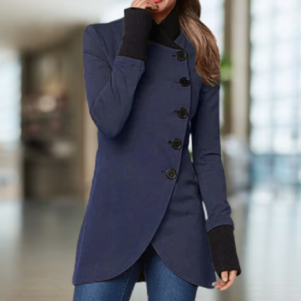 Street-wave Wool Blend Coat For Women With High Collar Asymmetric Cut Button Details Elegant Fit