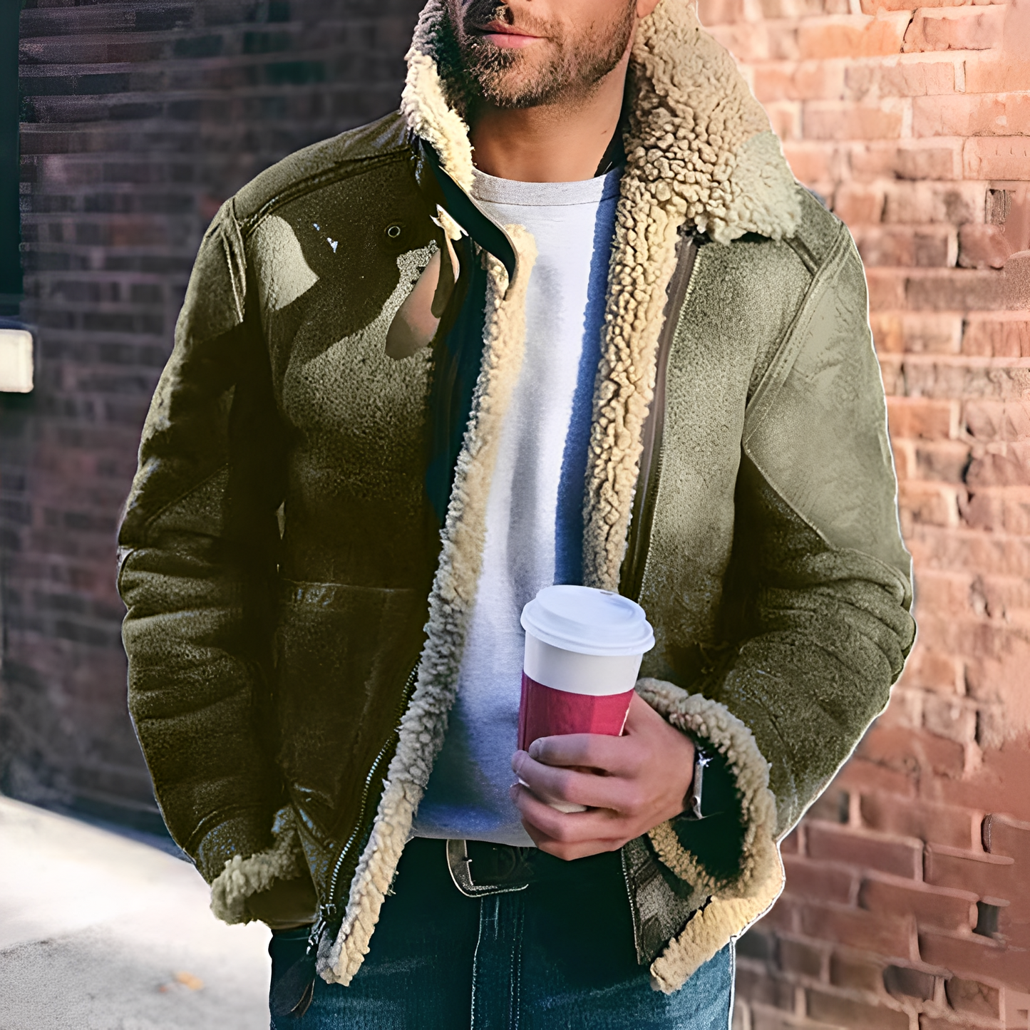 Street-Wave Mens Shearling Bomber Jacket With Wide Lapels Warm Windproof Coat For Winter Urban Style