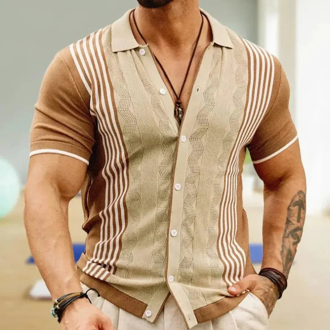 Street-Wave Urban Striped Knit Shirt For Men Luxury Casual Wear Light Breathable Timeless Style
