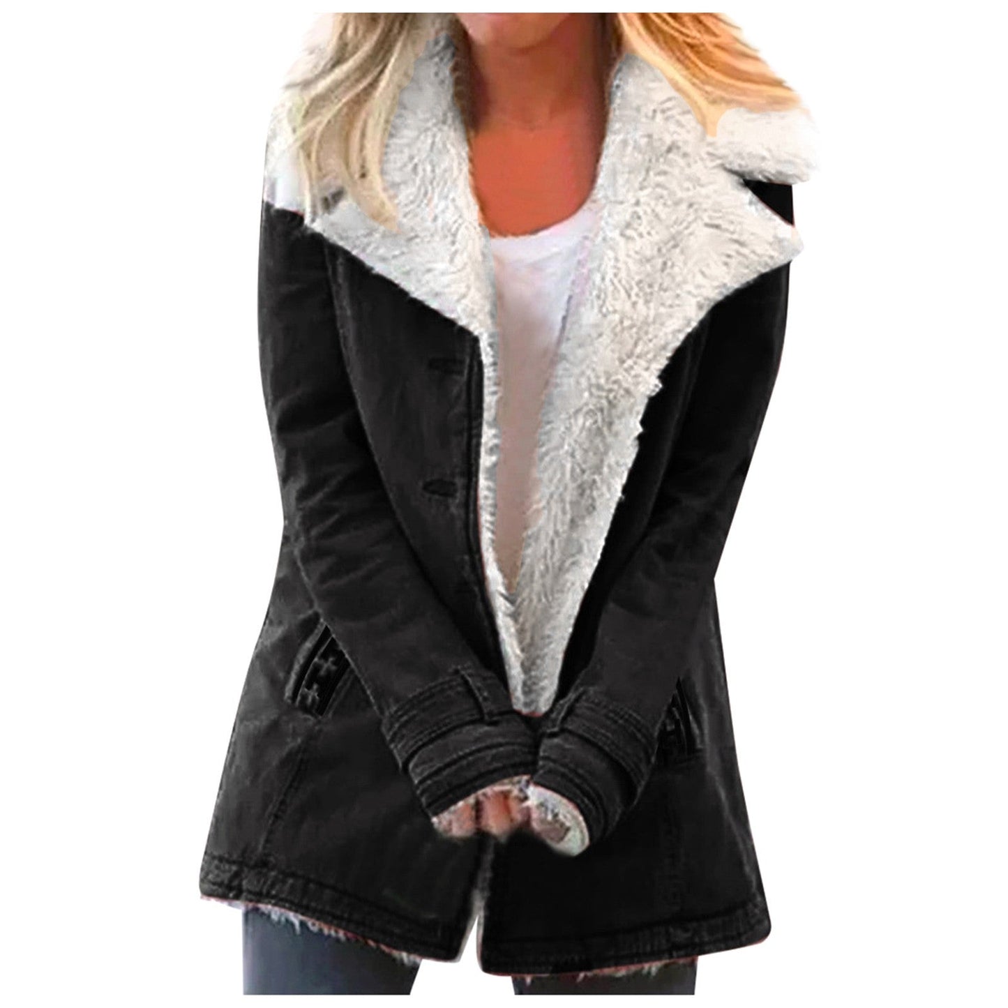 Street-Wave Womens Winter Jacket With Faux Shearling Collar And Peter Pan Collar Warm Fleece Lining For Chic Wear
