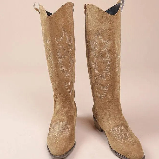 Street-Wave V-Cut Cowboy Boots For Women Ethnic Embroidery