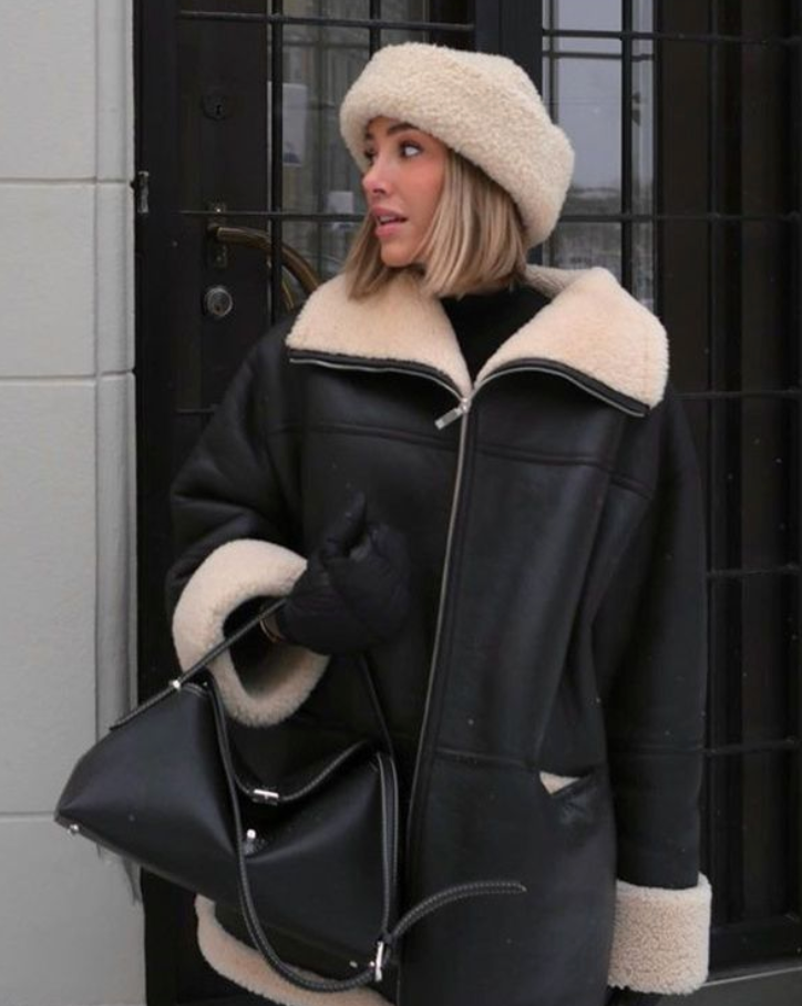 Street-Wave Women's Leather Jacket With Shearling Trim Weatherproof Winter Coat For Women