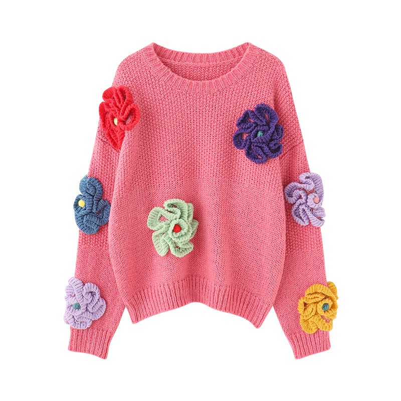 Street-Wave 3D Flower Pullover For Women Cozy Oversized Knit With Floral Embellishments