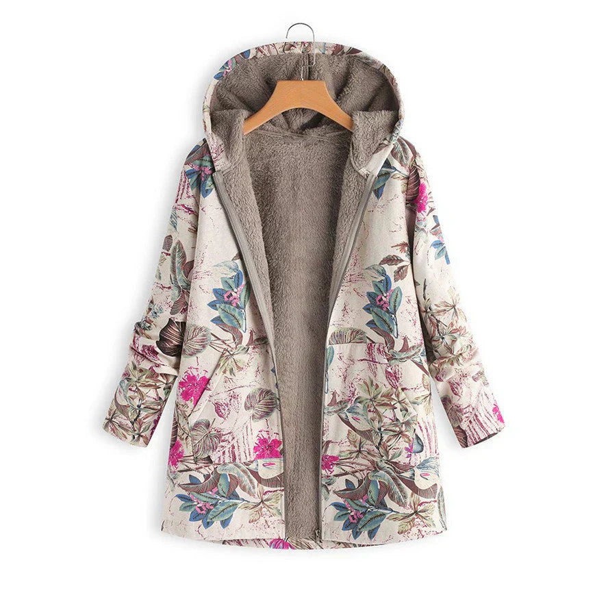 Street Wave Floral Hooded Winter Jacket For Women With Cozy Fleece Lining For Cold Weather Outdoor Wear