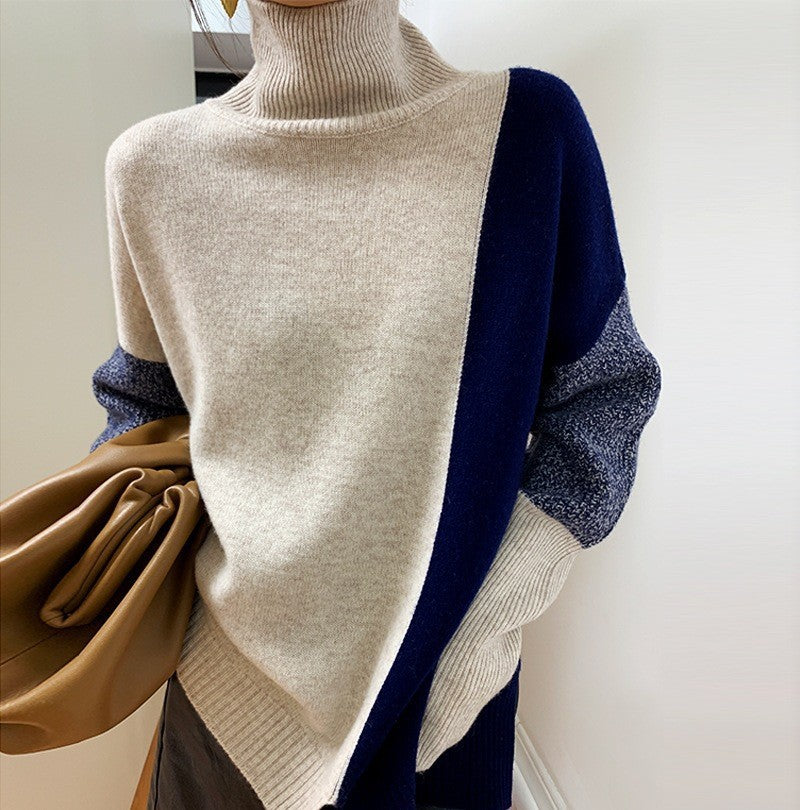 Street-Wave Colorblock Turtleneck Sweater For Women Cozy Warm Knit With Contrasting Panels