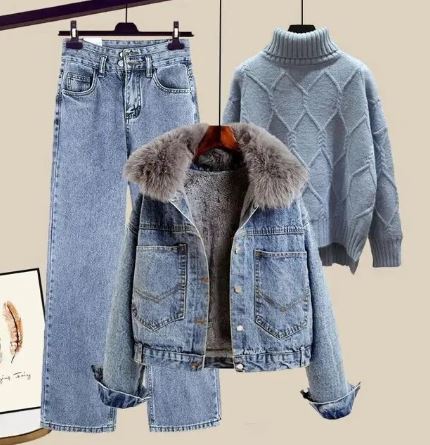 Street Wave Three Piece Denim Set With Jeans Jacket And High Neck Knit Cozy Comfort For Modern Style Enthusiasts