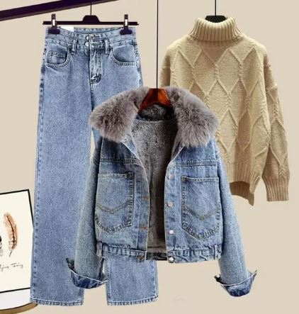 Street Wave Three Piece Denim Set With Jeans Jacket And High Neck Knit Cozy Comfort For Modern Style Enthusiasts