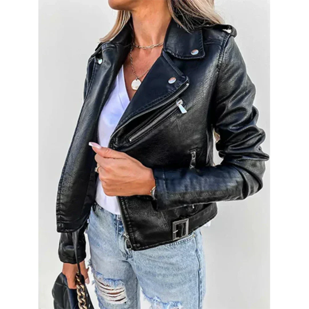 Street-wave Burgundy Leather Biker Jacket For Women Effortless Chic Zipper Details