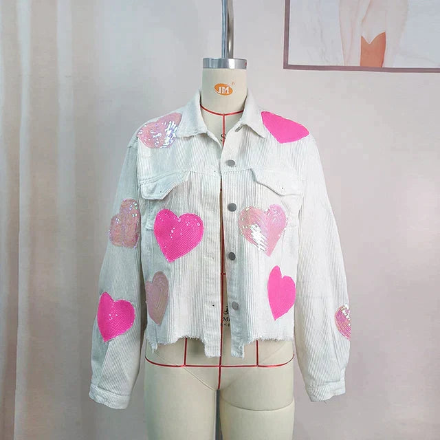 Street-wave Avelena Cordura Bomber Jacket With Sequin Heart For Women, Warm Cozy Chic Style