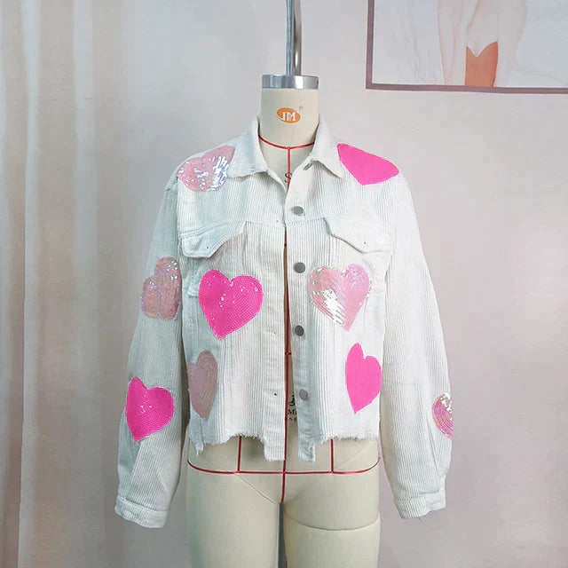 Avelena Cord Bomber Jacket With Sparkling Sequined Heart For Women Streetwear Comfort Warmth