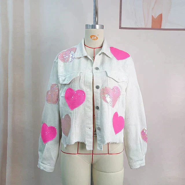 Street Wave Corduroy Bomber Jacket With Sequin Heart For Women Drawstring Cozy Chic