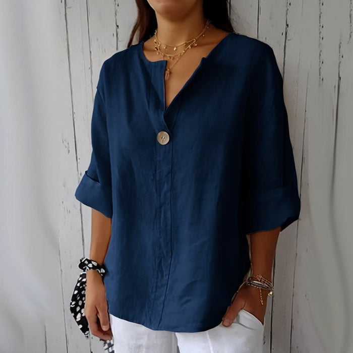 Street Wave Anna Linen Relaxed Fit V Neck Blouse For Women Breezy Everyday Top