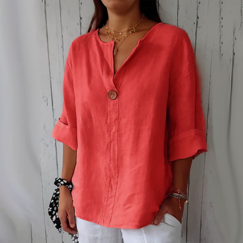 Street Wave Anna Linen Relaxed Fit V Neck Blouse For Women Breezy Everyday Top