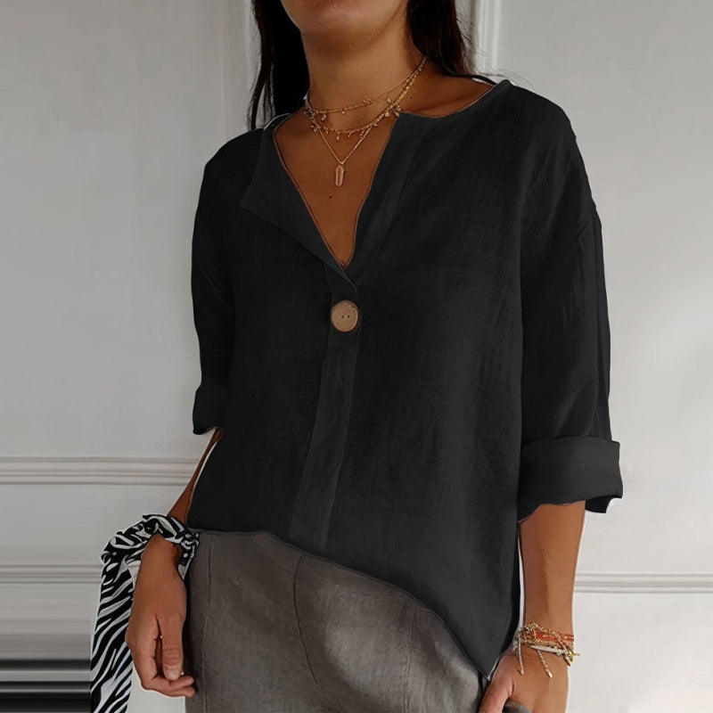 Street Wave Anna Linen Relaxed Fit V Neck Blouse For Women Breezy Everyday Top