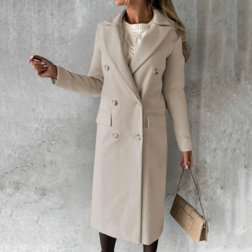 Street-Wave Womens Long Trench Coat Double Breasted Front Tailored Elegant Silhouette