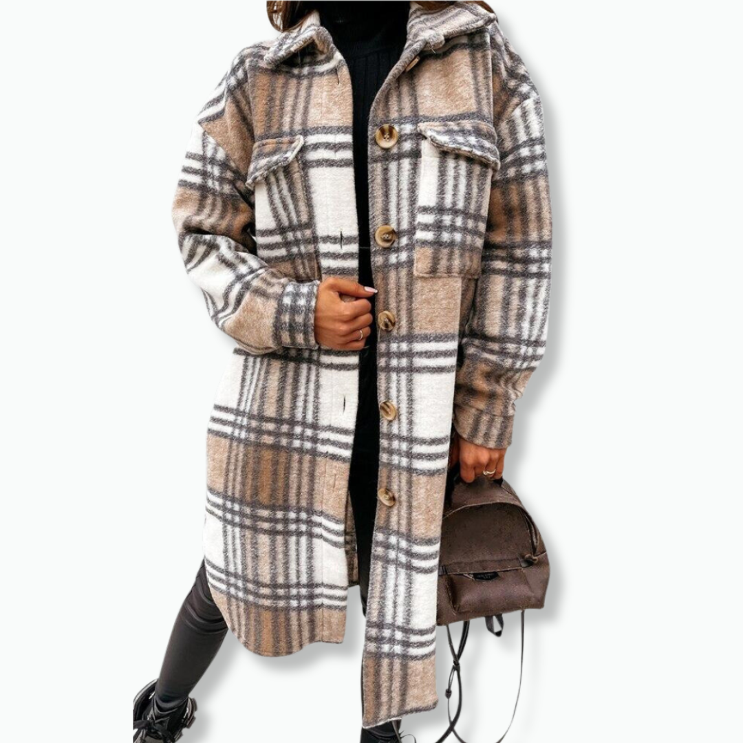 Street-Wave Plaid Wool-Blend Long Coat For Women Elegant Warmth Versatile Layering