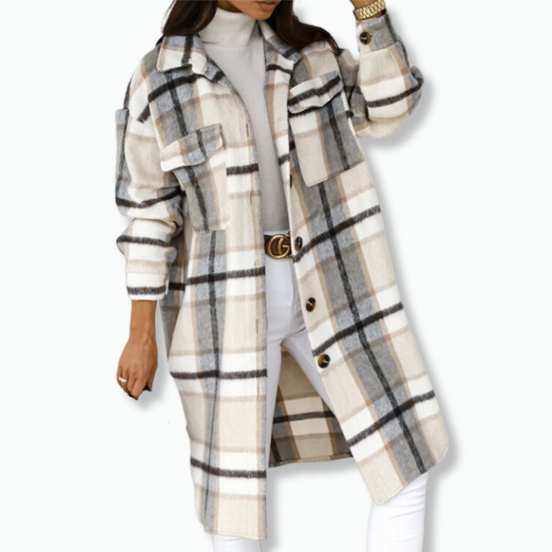 Street-Wave Plaid Wool-Blend Long Coat For Women Elegant Warmth Versatile Layering