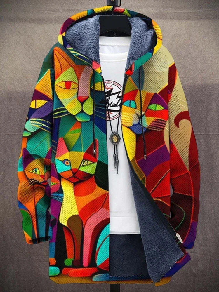 Street Wave Isa Cat Print Jacket For Women With Artistic Mosaic Design And Trendy Premium Comfort Coat