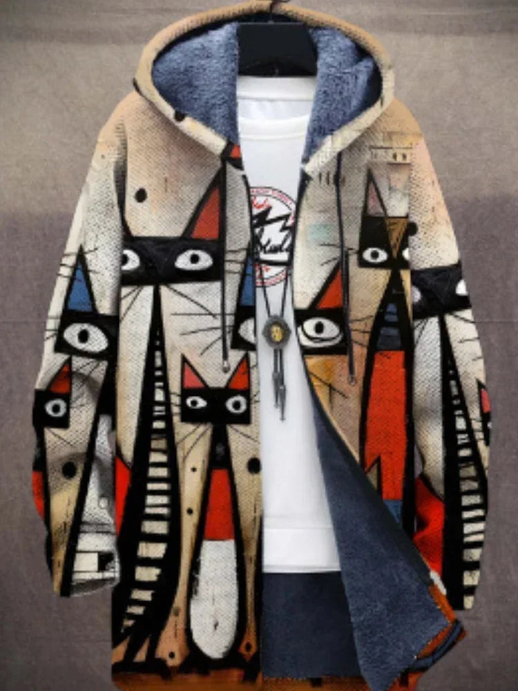 Street Wave Isa Cat Print Jacket For Women With Artistic Mosaic Design And Trendy Premium Comfort Coat