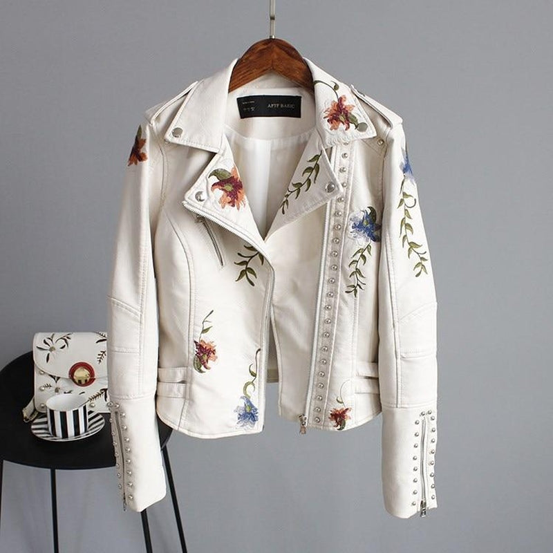 Streetwave Floral Embroidered Leather Jacket for Modern Women with Elegant Comfort