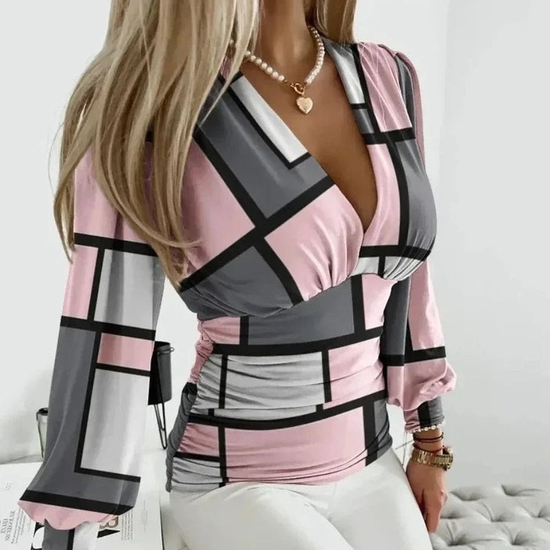 Street-Wave Maxine Elegant Geometric V-Neck Blouse For Women With Flattering Pleats And Modern Fit