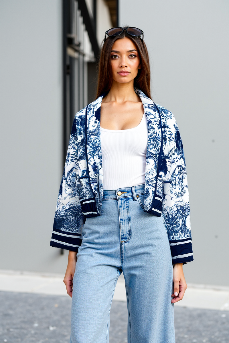 Street-Wave Floral Quilted Jacket With Blue Print For Women, Stylish Cozy Comfort
