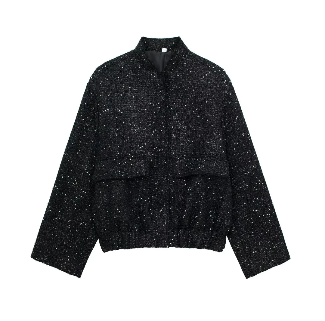 Street Wave Sequin Blazer Open Front Gold Statement Jacket For Women Night Out Glam