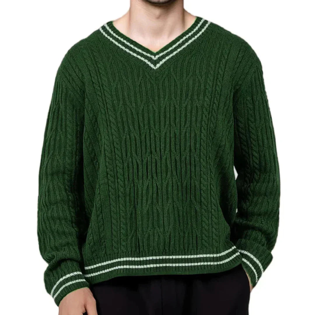Waylynn V-Neck Jumper Vintage Cable Knit Deep Green Preppy Comfort