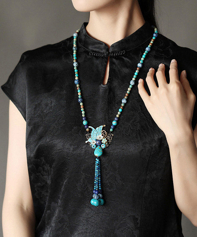 Collier pendentif papillon coquillage turquoise en alliage vintage - Street-Wave