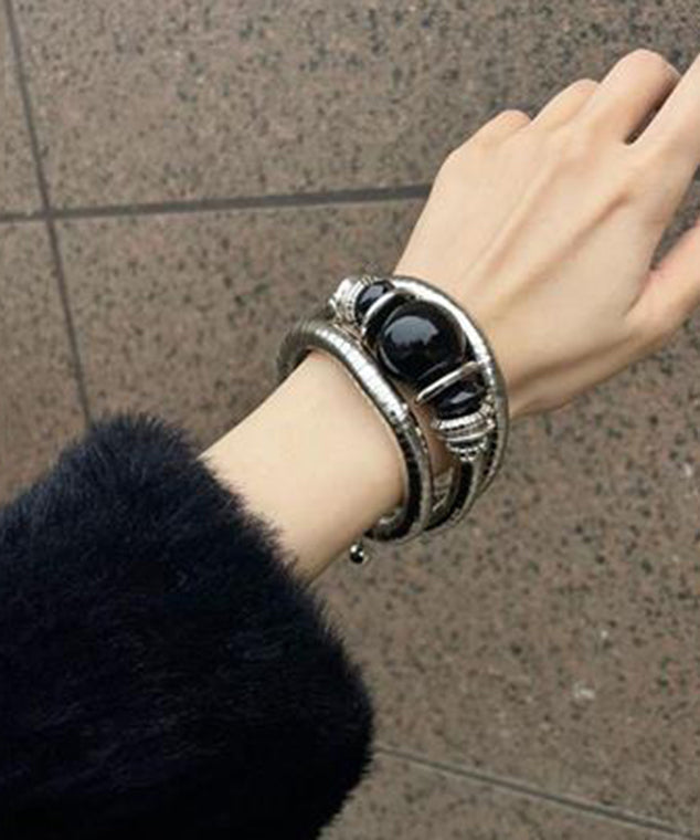 Bracelet élastique vintage en alliage noir et agate - Street-Wave