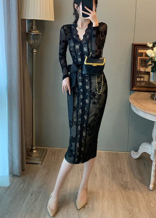 Robe tunique noire vintage en dentelle portefeuille pour l'été - Street-Wave