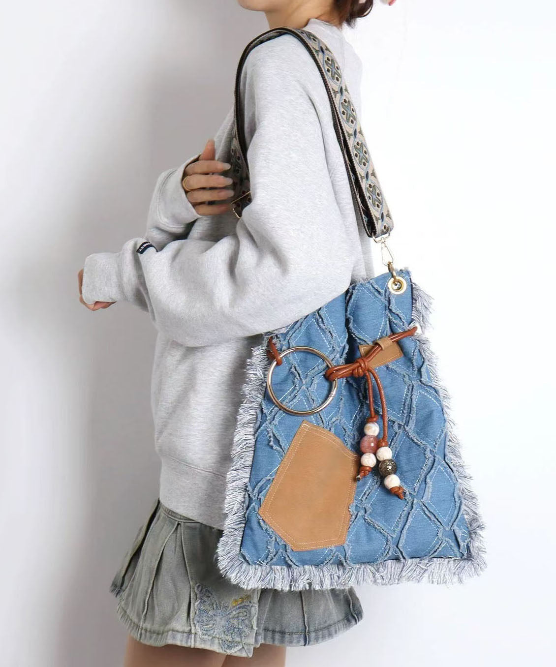 Sac messager vintage en denim bleu à cils de grande capacité - Street-Wave