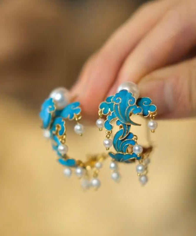 Boucles d'oreilles créoles vintage en argent sterling bleu avec perles et émail cloisonné - Street-Wave