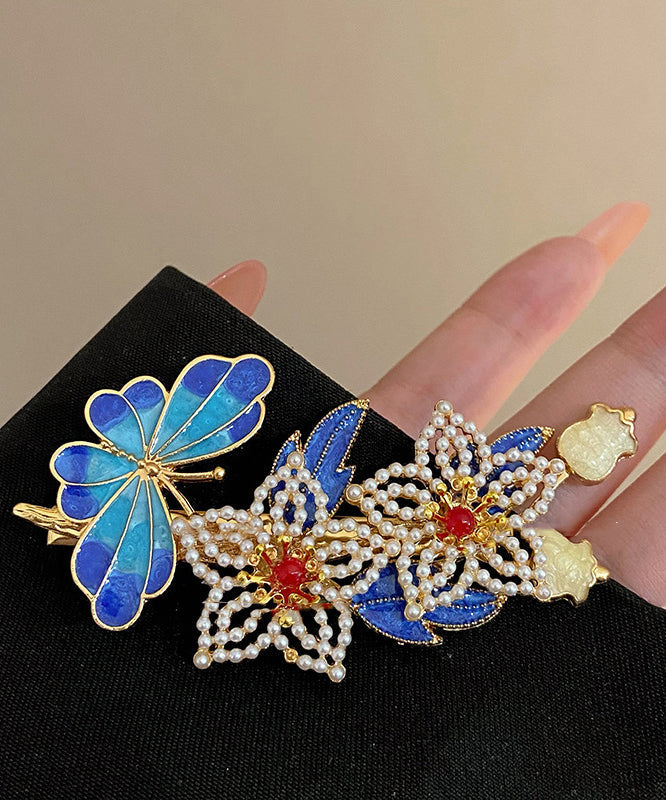 Épingle à cheveux florale cloisonnée en argent sterling bleu vintage avec perles dorées - Street-Wave