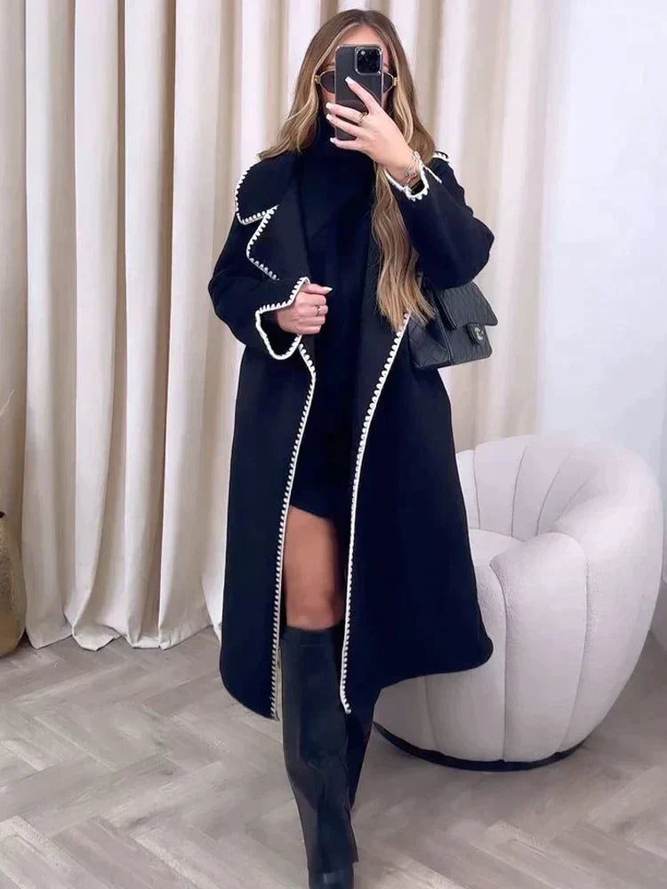 Street-Wave Long Wool Coat With Contrast Stitching For Women Luxurious Comfort Everyday Style