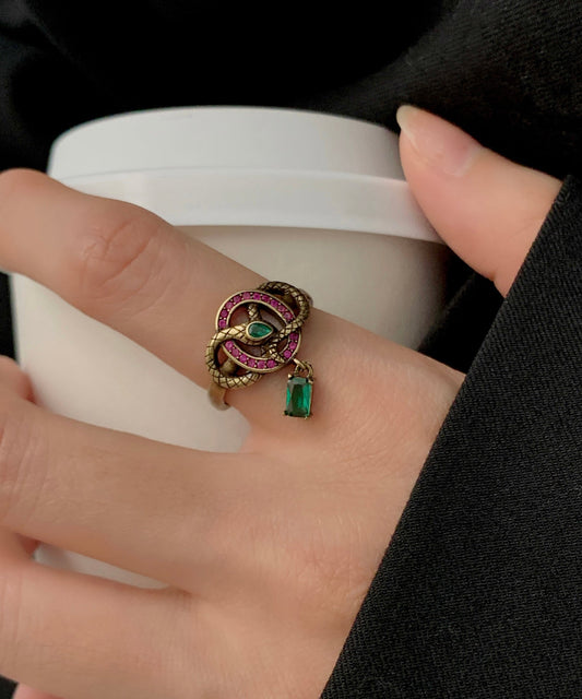 Bagues ouvertes vintage en forme de petit serpent avec zircon doré antique et colorblock - Street-Wave