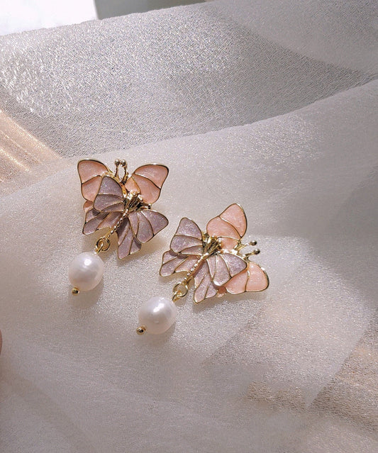 Boucles d'oreilles pendantes papillon vintage en argent sterling doré à blocs de couleurs et perles - Street-Wave