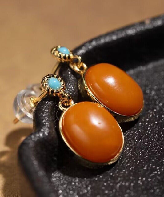 Boucles d'oreilles pendantes vintage en argent sterling coloré, surmontées de turquoise et de cire d'abeille dorée - Street-Wave