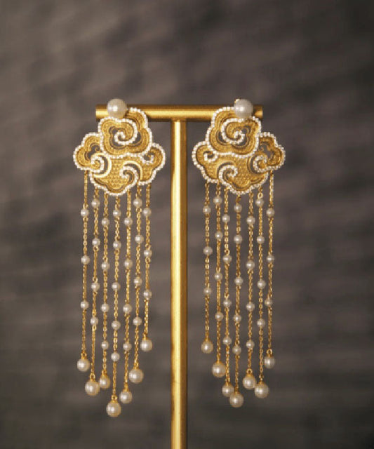 Boucles d'oreilles pendantes vintage en argent sterling doré et zircons, nuages ​​de bon augure, perles et pompons - Street-Wave