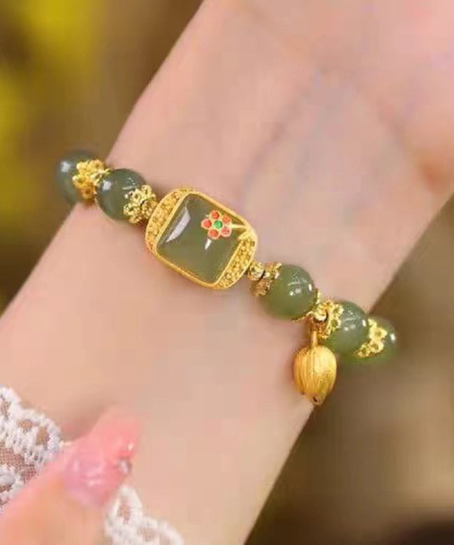 Bracelet à breloques vintage en argent sterling vert et jade surdoré avec lotus - Street-Wave